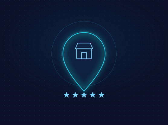 Abstract graphic representing a Google Business Profile listing with location pin, storefront, and star ratings
