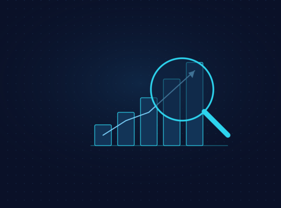 Abstract graphic representing SEO strategy with a magnifying glass over an upward search ranking chart