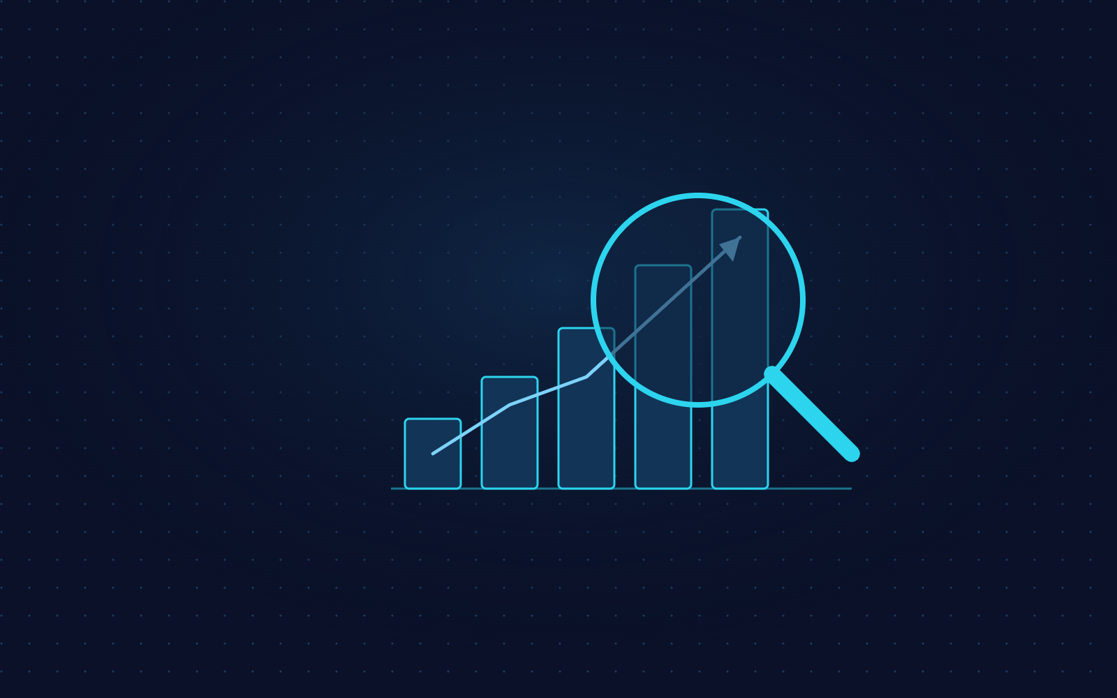 Abstract graphic representing SEO strategy with a magnifying glass over an upward search ranking chart